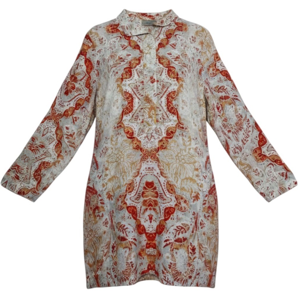 Chicos‎ 100% Linen Medallion Print Tunic Top Orange Tan Size 0 Small boho resort